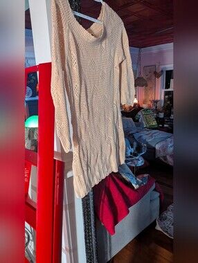 Off-the-Shoulder Cream Open-Knit Women's Sweater